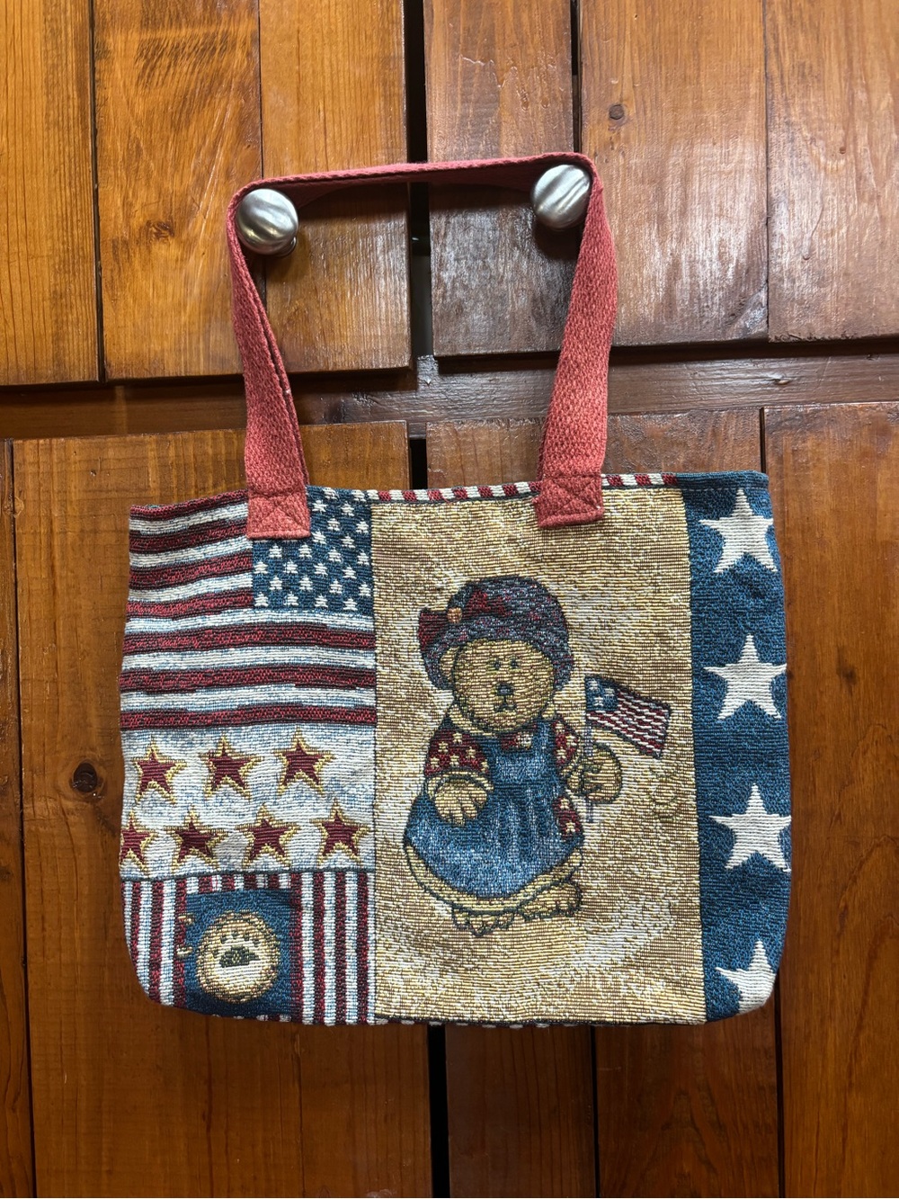 Patriotic Bear Tapestry Tote in Red, Blue and Cream